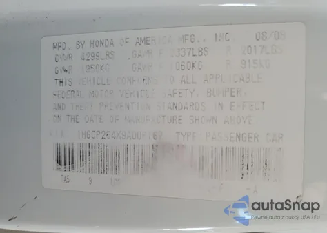 2009 Honda Accord Lxp from USA, damaged, VIN 1HGCP264X9A006167